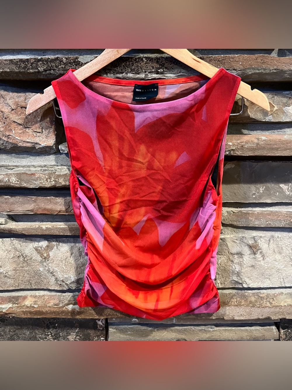 ASOS Design Mesh Oversized Ruched Red & Pink Sleeveless Top